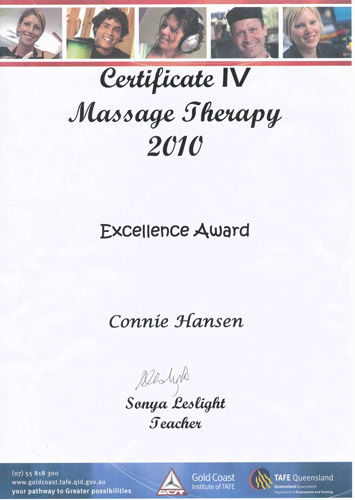 Connie Hansen, Massage Therapist, Certificate 4 and Award