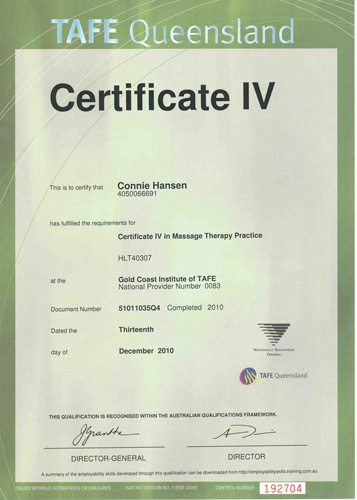 Connie Hansen, Massage Therapist, Certificate 4 and Award